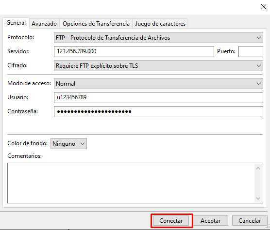 Conectar sitio en FileZilla