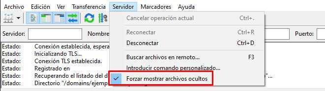 Ventana con la opción para mostrar los archivos ocultos en FileZilla