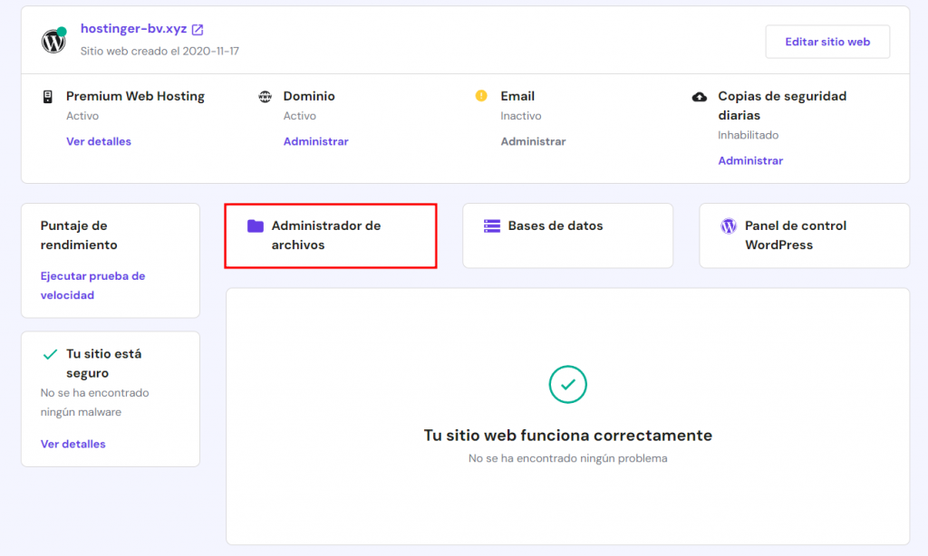 Administrador de archivos en hPanel