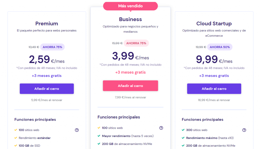 Ejemplo de los planes de Hostinger.