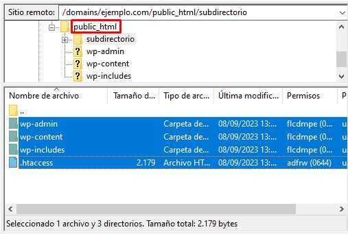 Vista previa de la carpeta public html en FileZilla