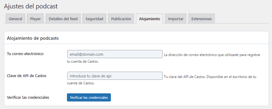 Ventana Alojamiento en los ajustes del plugin Seriously Simple Podcasting