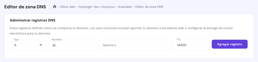 Editor de zona DNS de hPanel