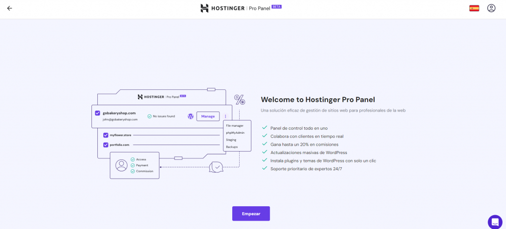 Imagen de inicio del Pro Panel de Hostinger.