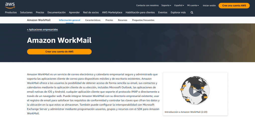 Imagen del sitio de Amazon WorkMail.