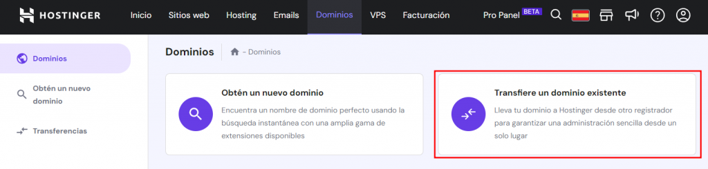 Sección Transfiere un dominio existente en Hostinger.