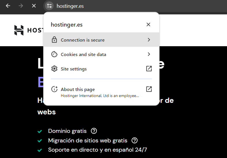 Imagen que muestra que la conexión de hostinger.es es segura.