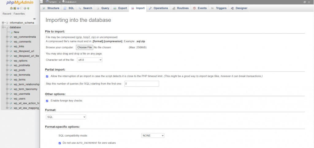 Importando a la base de datos en phpMyAdmin