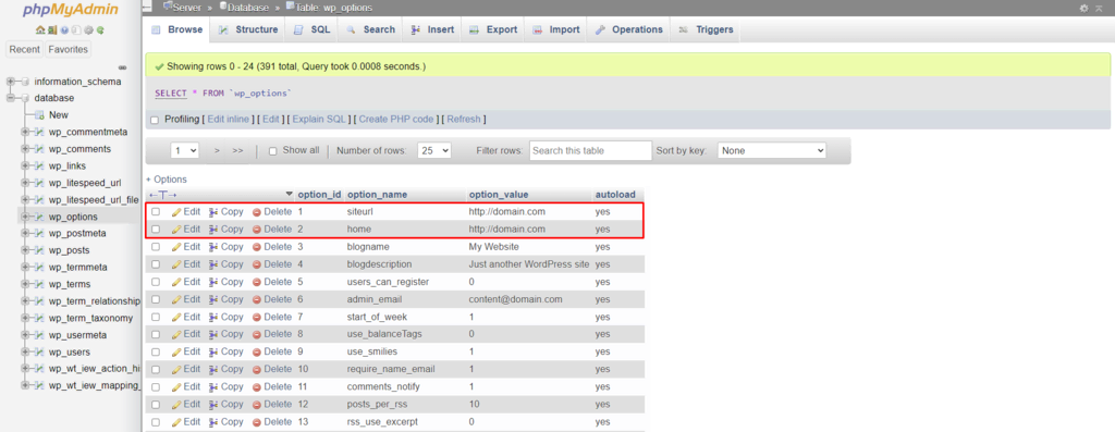 wp-options en phpMyAdmin