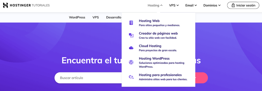 Menú desplegable de la web de Hostinger