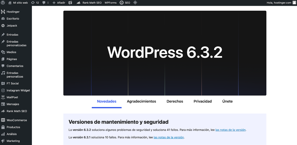 Interfaz del panel de control de WordPress