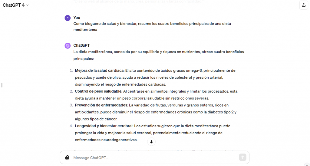 Ejemplo de prompt con contexto en ChatGPT-4.