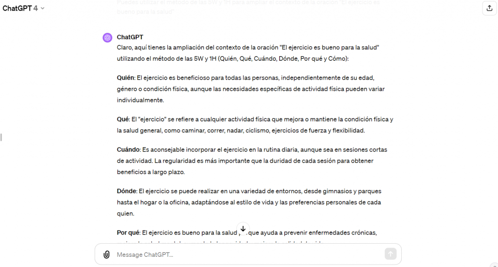 Ejemplo de uso del método de las 5W y 1H en ChatGPT.