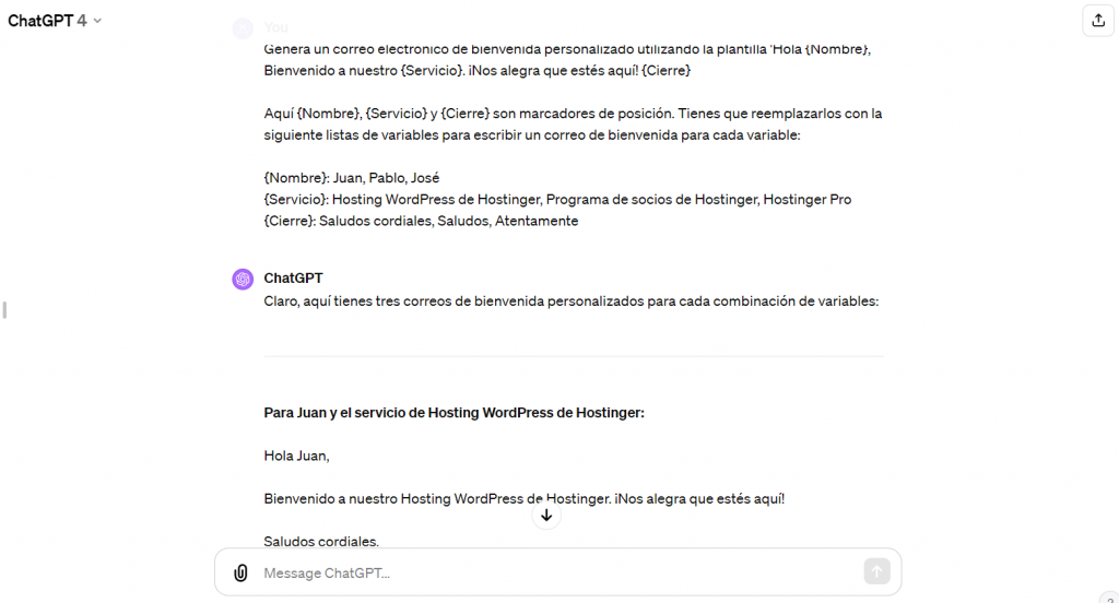 Ejemplo de plantilla personalizada en ChatGPT.