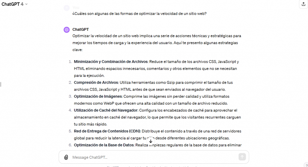 Ejemplo de pregunta sobre cómo optimizar la velocidad de un sitio web en ChatGPT.