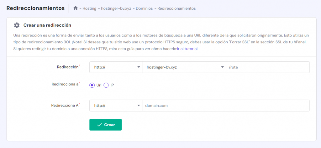 Sección Redireccionamientos en el hPanel de Hostinger.