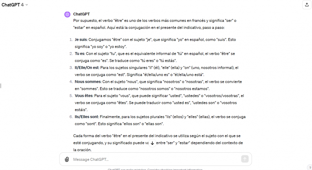 ChatGPT explica cómo conjugar el verbo être en francés.