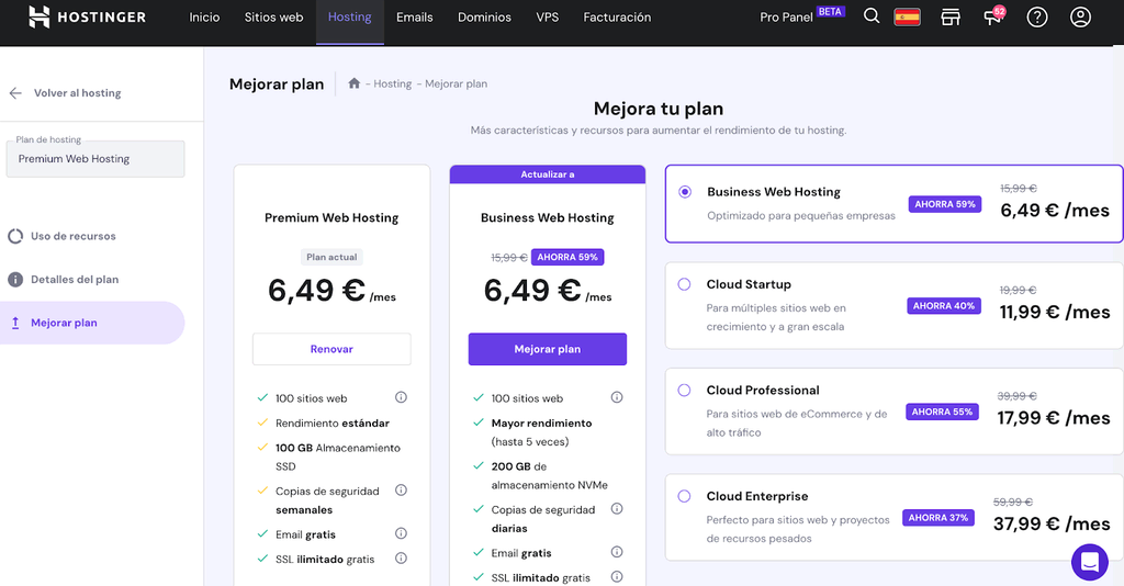 Sección para Mejorar plan de hPanel