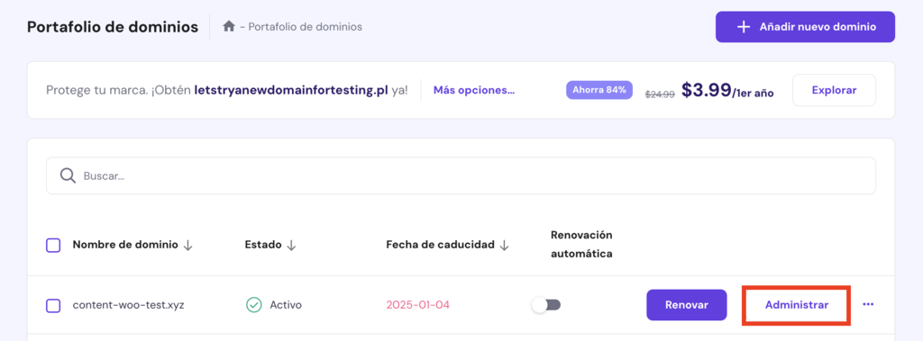 Portafolio de dominios de hPanel