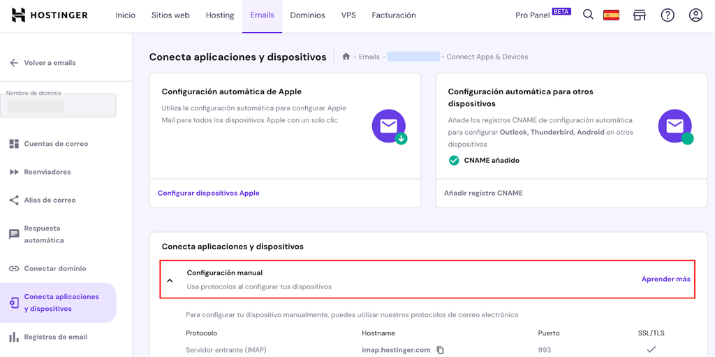 Configuración manual de correos de hPanel