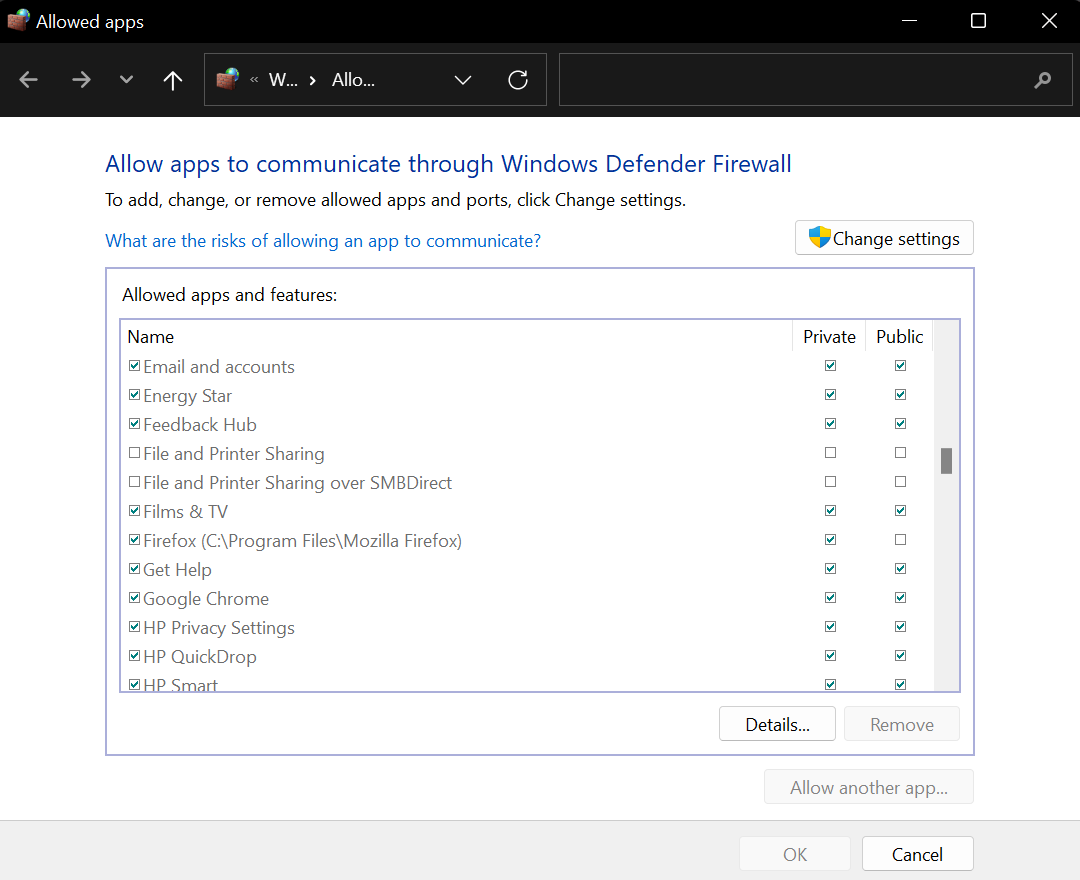 Ventana de aplicaciones a través del cortafuegos de Windows