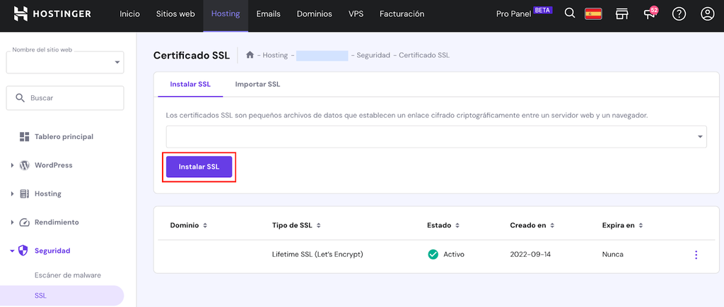 Opción Instalar SSL en hPanel