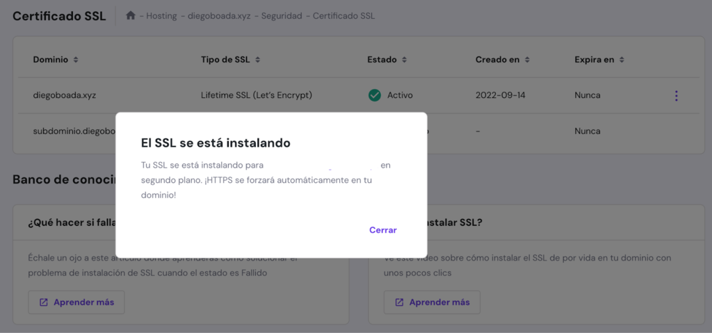 Mensaje de instalación de SSL en proceso de hPanel