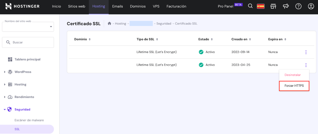 Opción Forzar HTTPS de hPanel