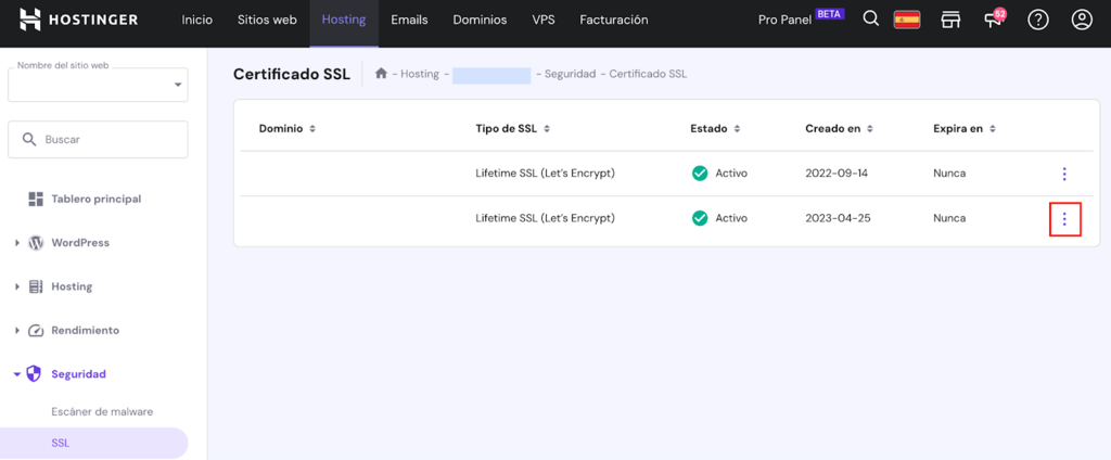 Sección de Certificado SSL de hPanel