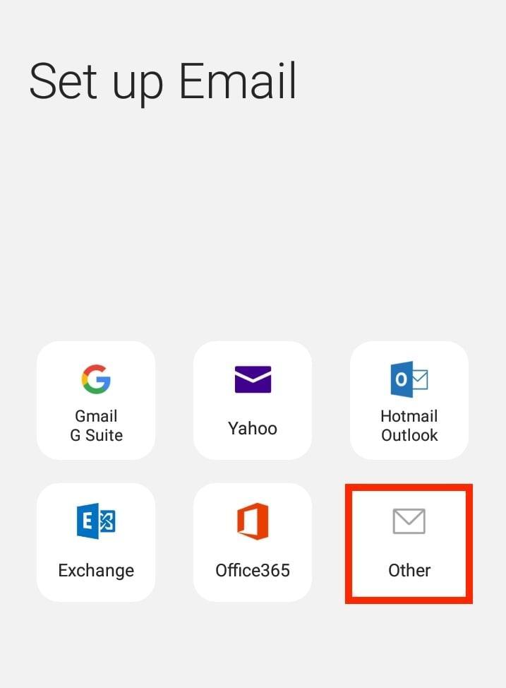 Seleccionar la opción "Otros" al configurar una nueva cuenta de correo electrónico en Android