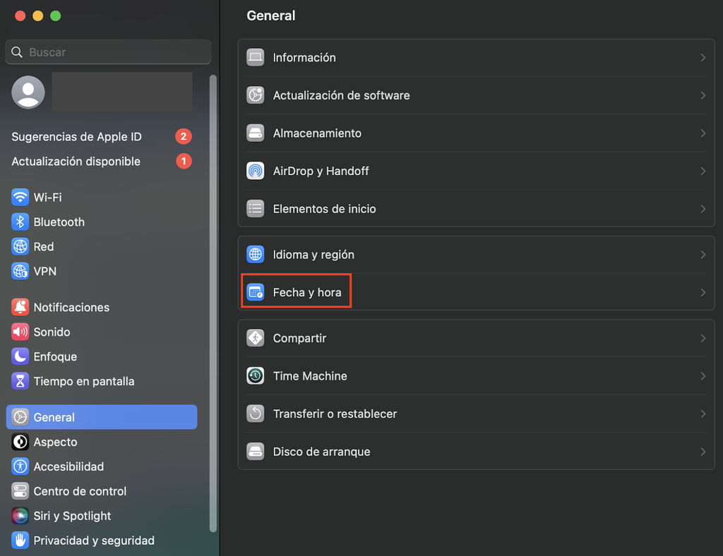 Opción Fecha y hora del menú de ajustes de macOS
