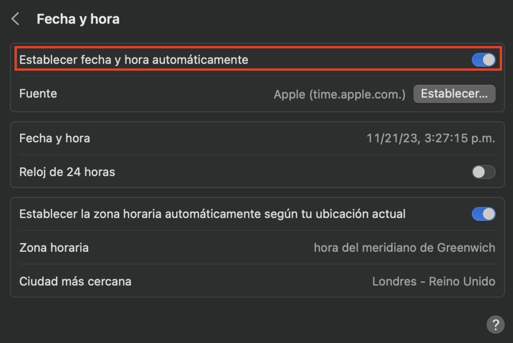 Opción "Establecer fecha y hora automáticamente" de macOS