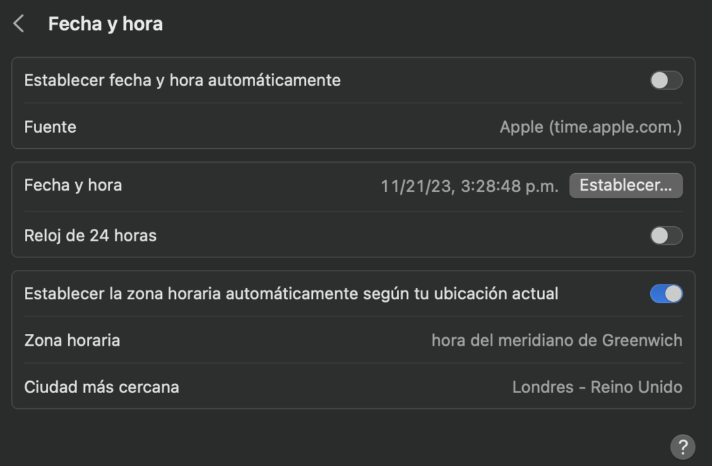 Opción "Establecer fecha y hora automáticamente" de macOS