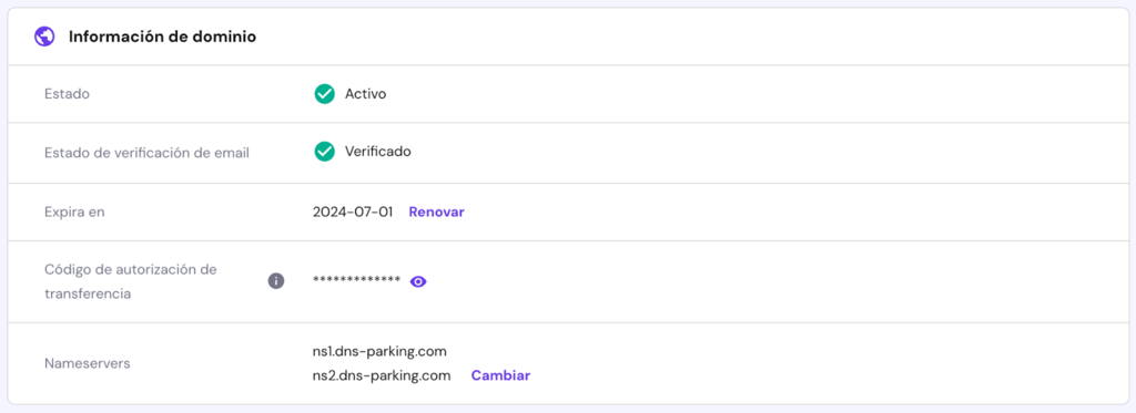 Información de dominio en hPanel