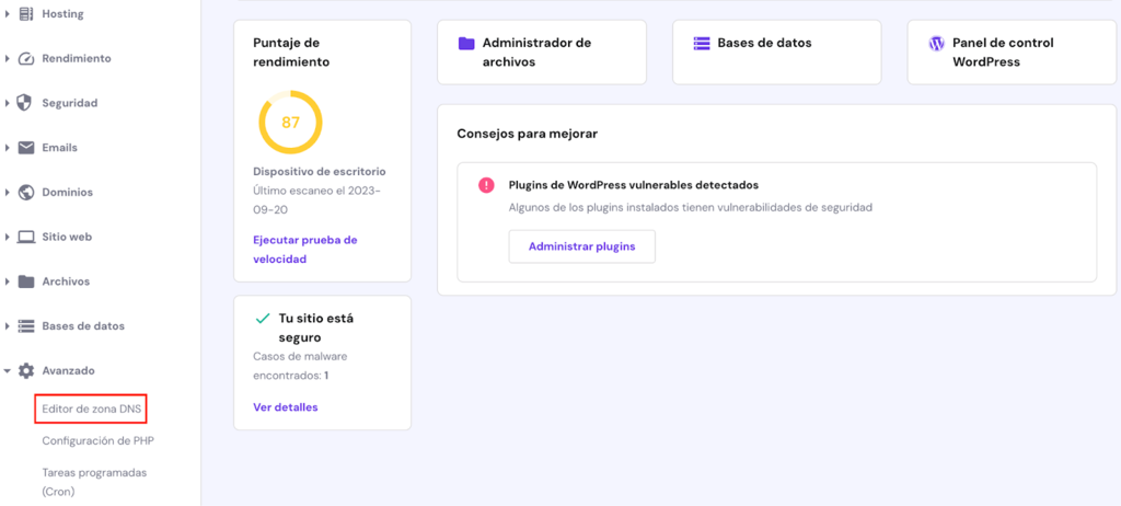 Opción Editor de zona DNS en hPanel