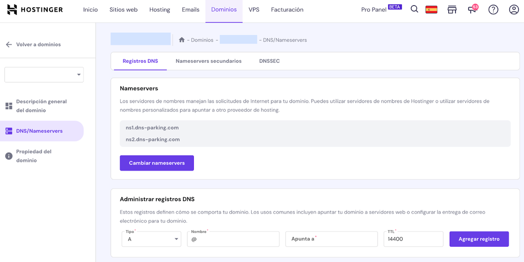 Sección DNS/Nameservers en hPanel