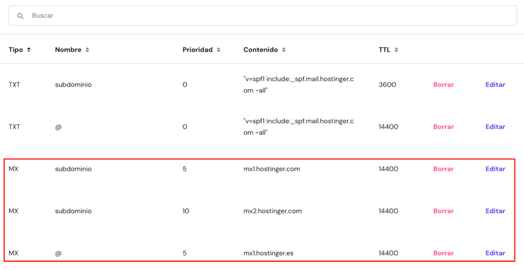 Ejemplo de Registro MX en hPanel 