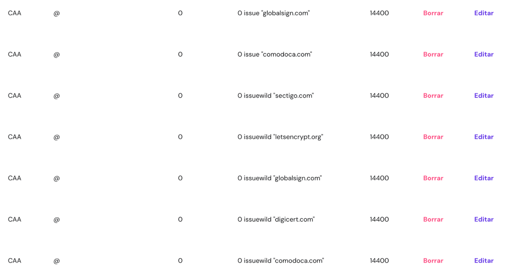 Registros CAA en hPanel