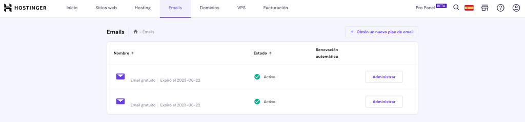 Sección de Emails de hPanel