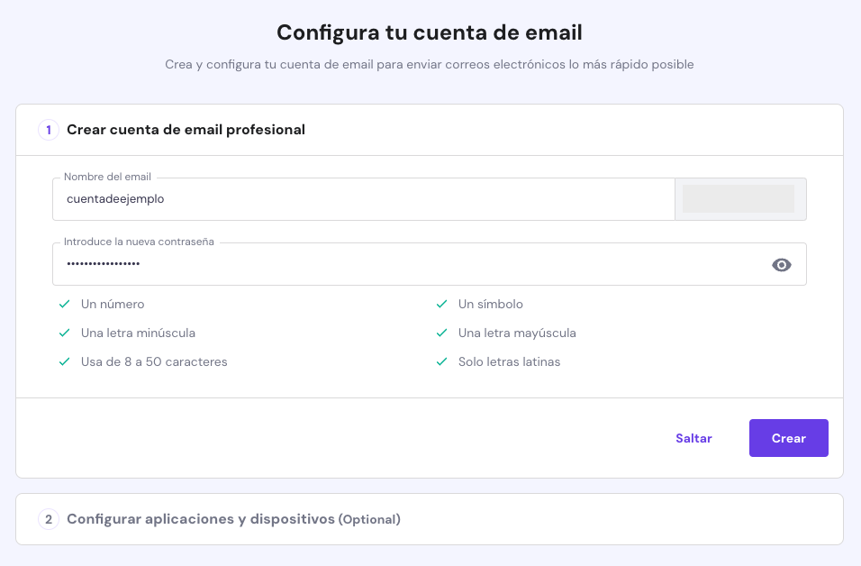 Configuración de cuenta de email de hPanel