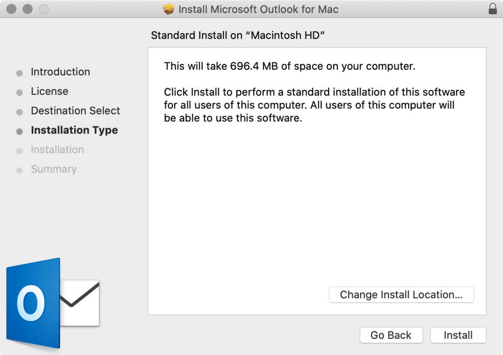 Selección del tipo de instalación para Outlook en macOS