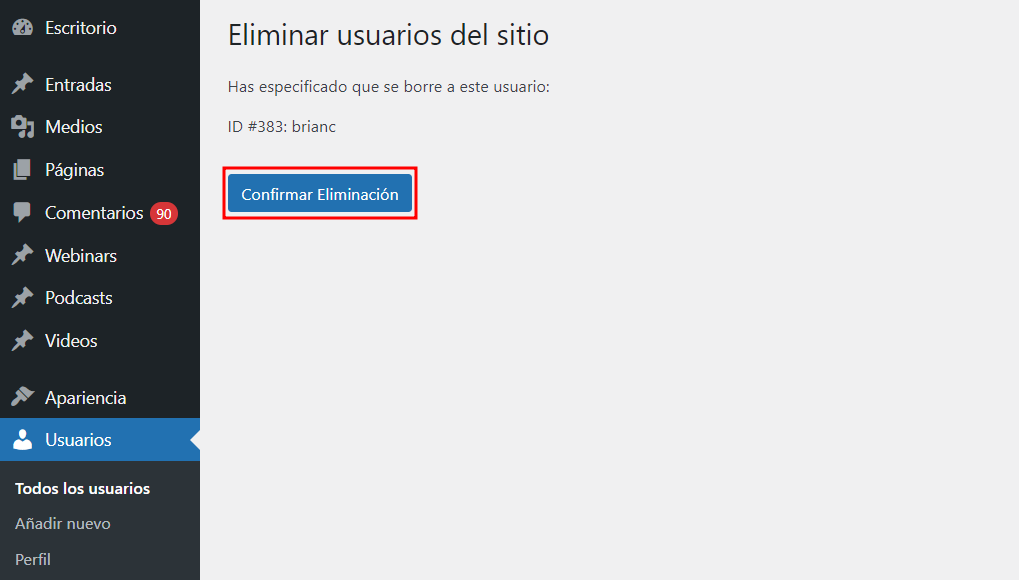 Eliminar usuario en WordPress