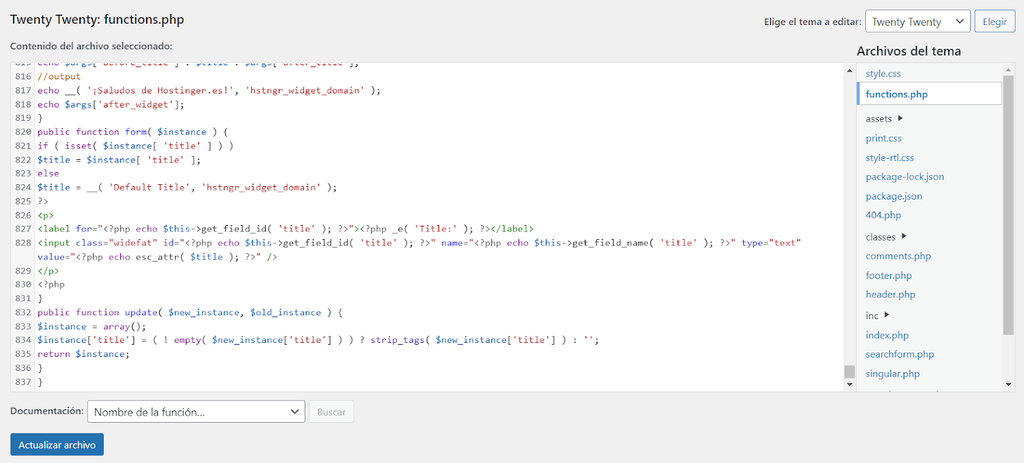 Sección Functions.php en apariencia de WordPress