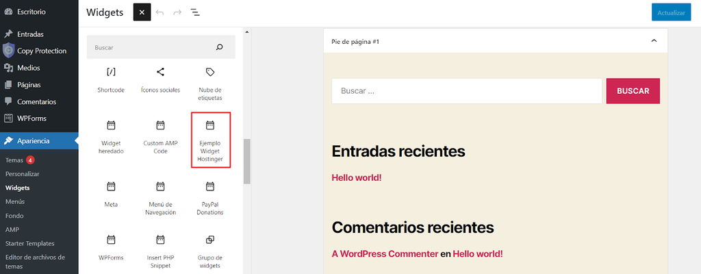 Sección de Widgets de WordPress