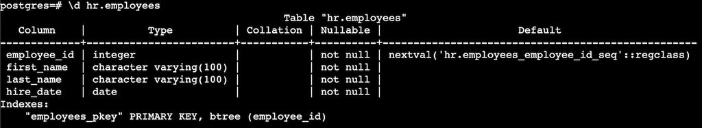 Ejemplo de uso de \dt schema-name.table