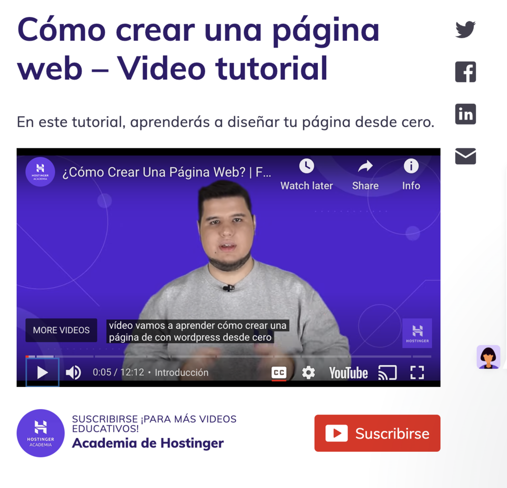 Videotutorial de la Academia Hostinger con subtítulos autogenerados de YouTube