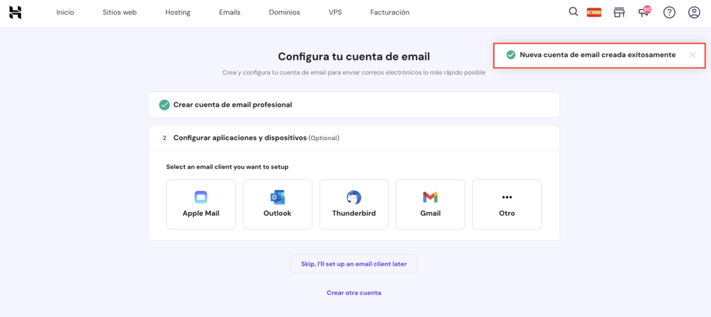 Página de configuración Hostinger con la verificación resaltada