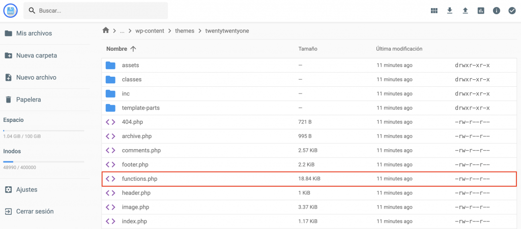 Archivo Functions.php del Administrador de archivos 