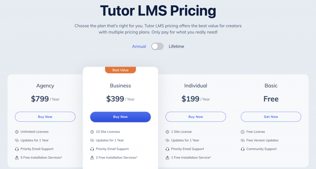 Plan de precios de Tutor LMS