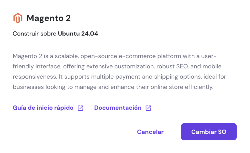 Sección para cambiar SO en hPanel